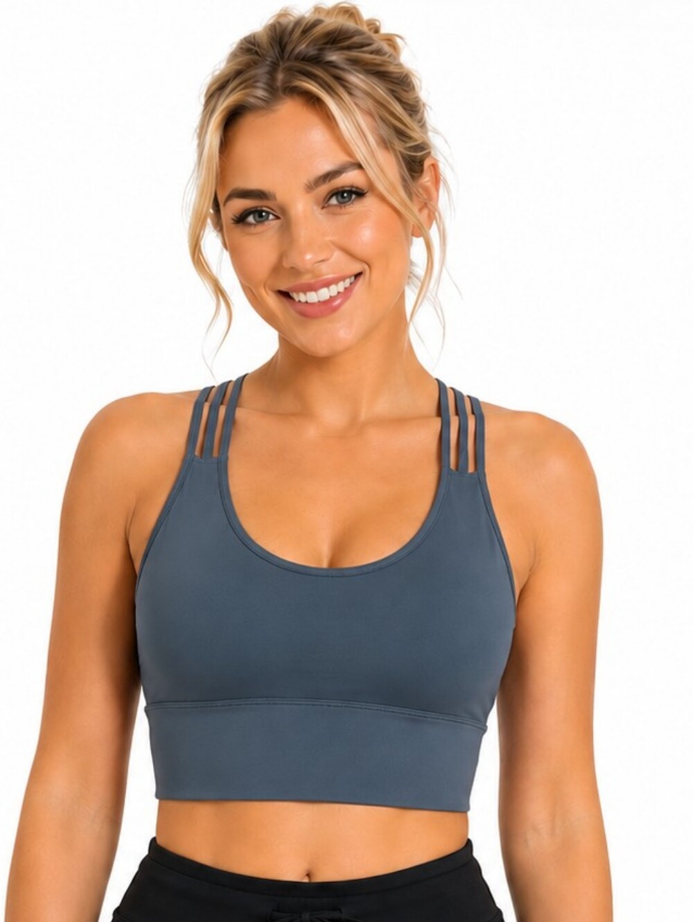 AS ROSE RICH ATHLETIC SPORTS TOP Triple-Strap Sports Bra in Slate Blue SIZE LRG